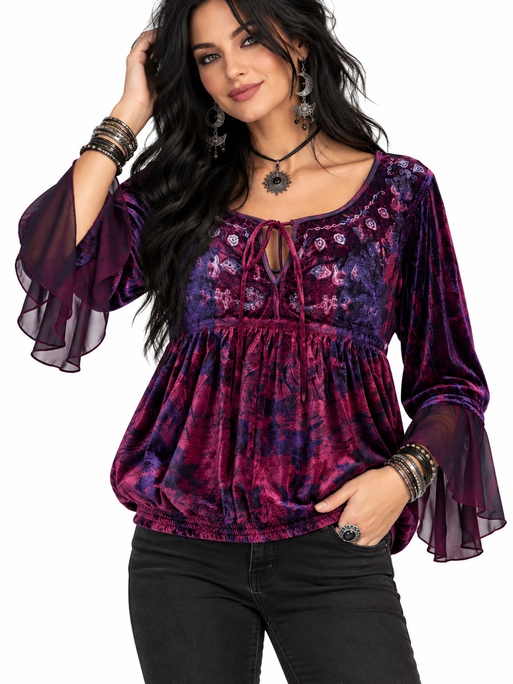 live and let live Velvet Tie-Neck Boho Romantic Peasant Purple Pink